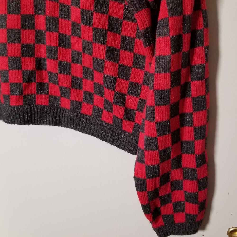 Vintage Red and Gray Check Print Cropped Collared Sweater By Liz Claiborne - Med - Picture 7 of 9